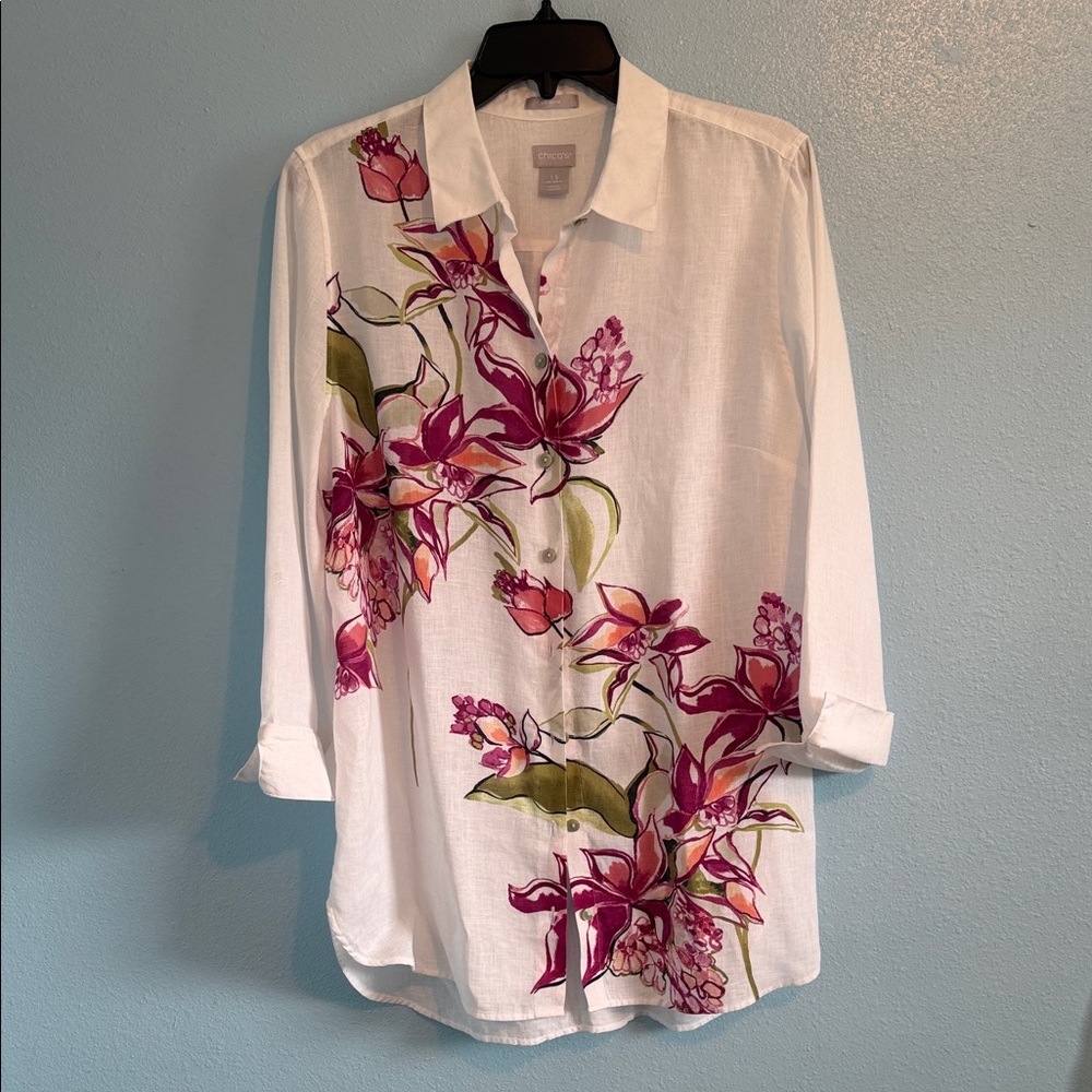 Chico's Sz 1.5 White Linen Shirt with Pink Floral Motif